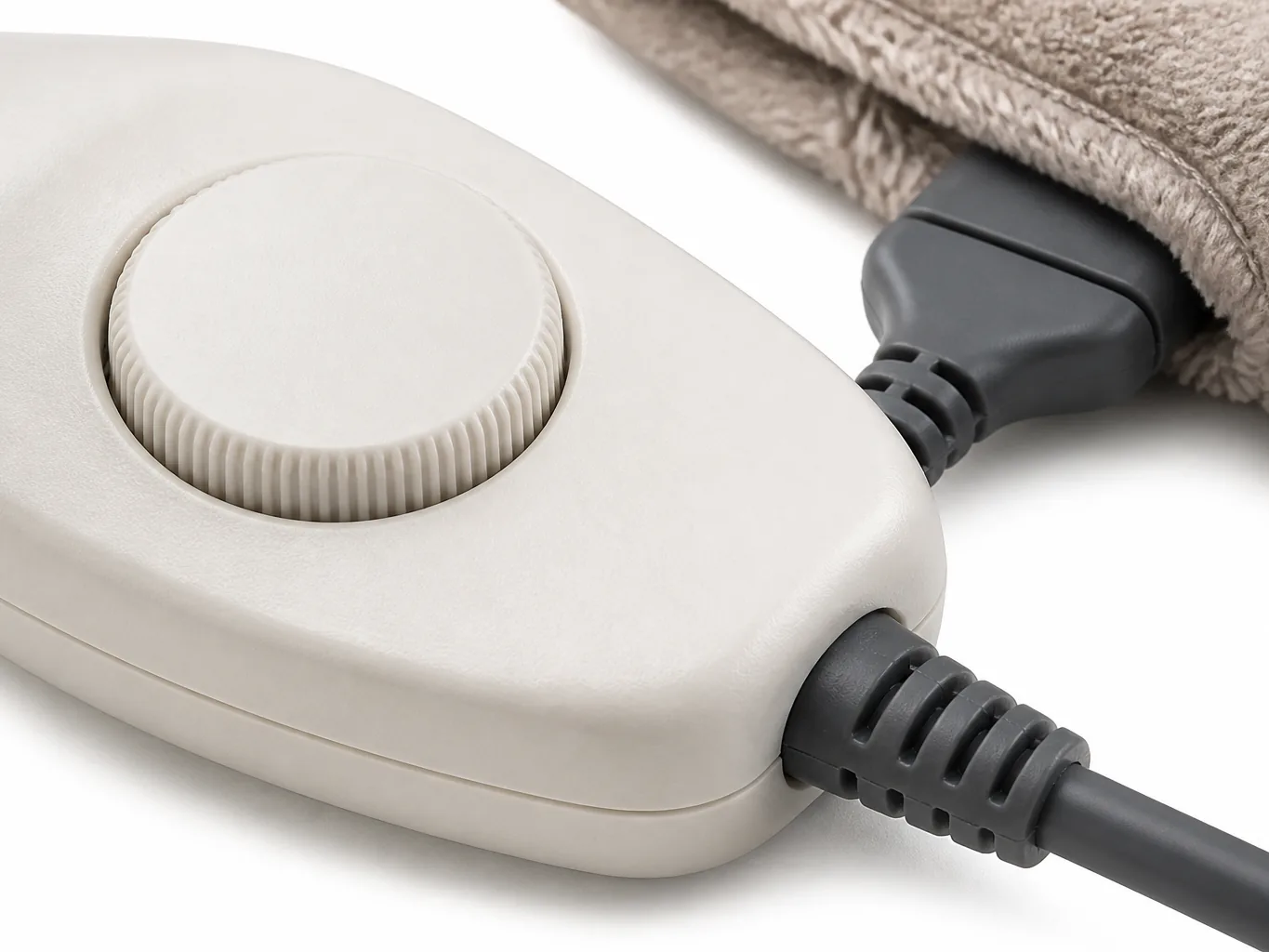 Close-up of the detachable controller showing the ridged rotary dial, cord exit and the fabric-side socket
