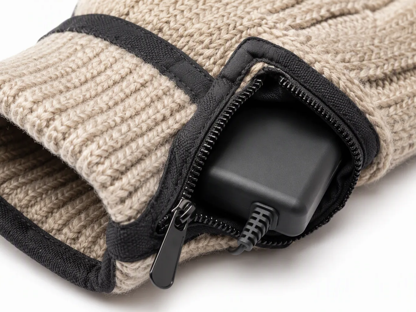 Close-up of the glove wrist cuff with the zipped battery pocket open and the battery pack inside