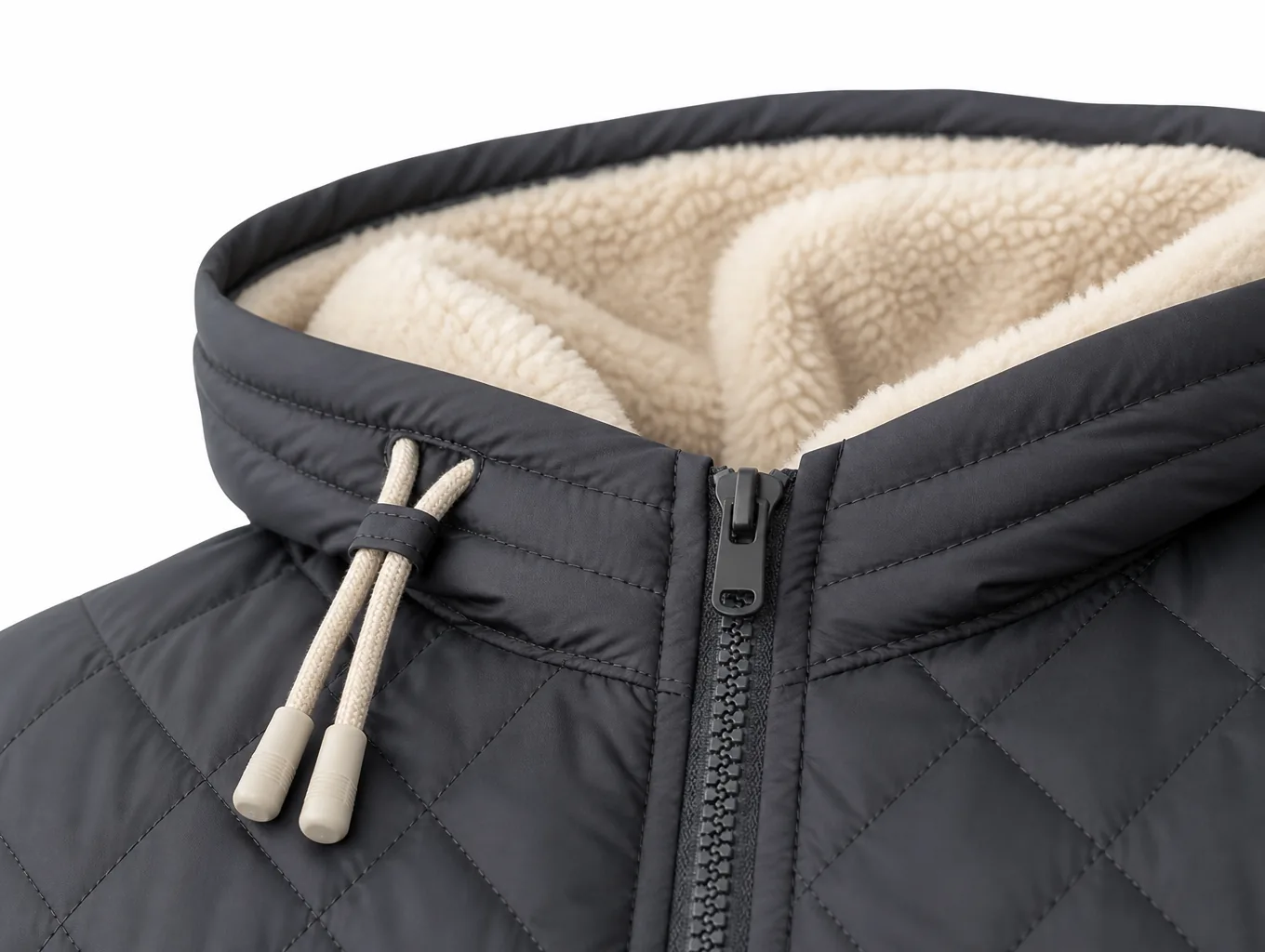 Close-up of the hood opening with drawcord, cord ends and the front zip