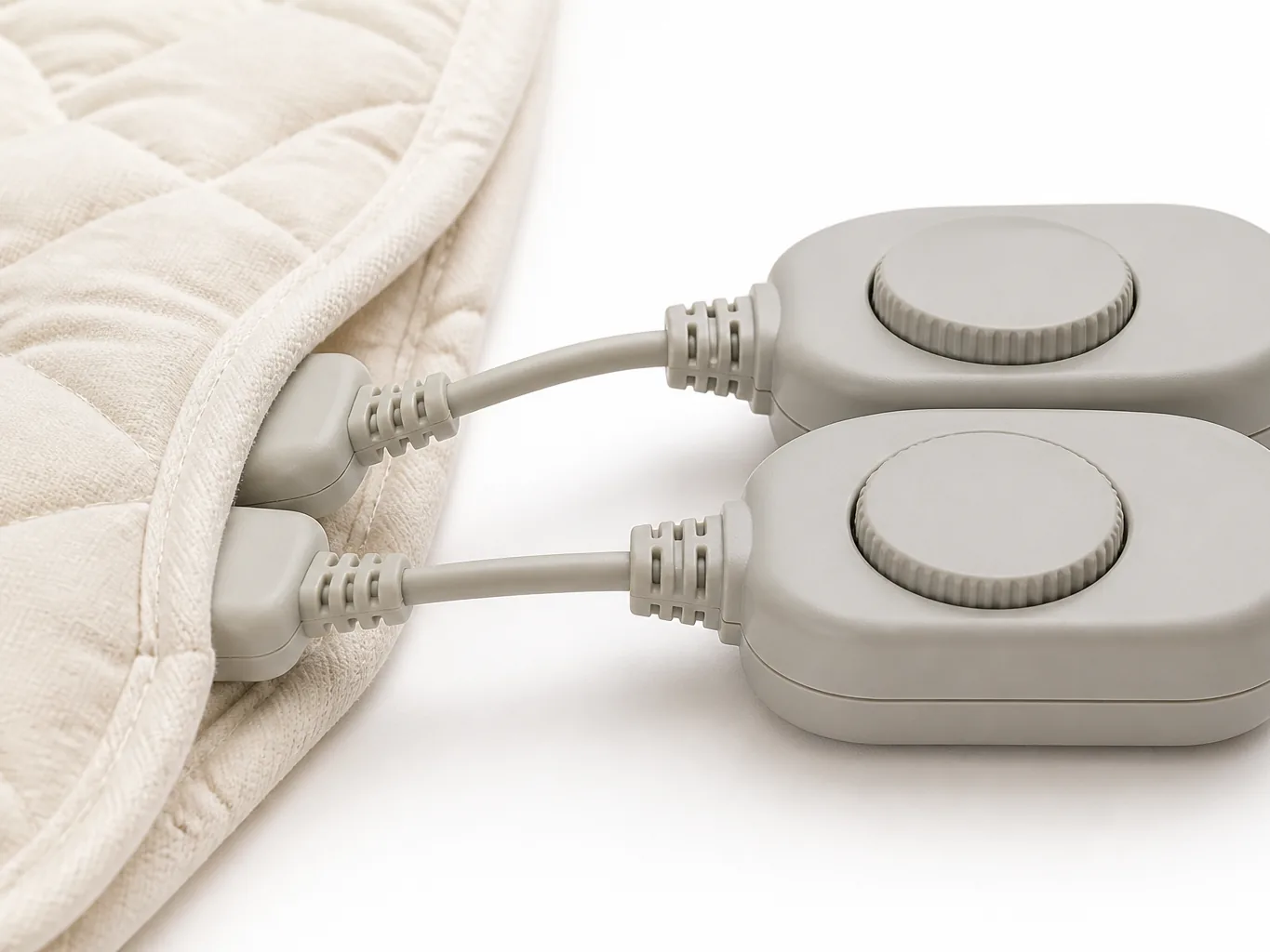 Close-up of the two controllers side by side with their cords and the sockets at the pad corner