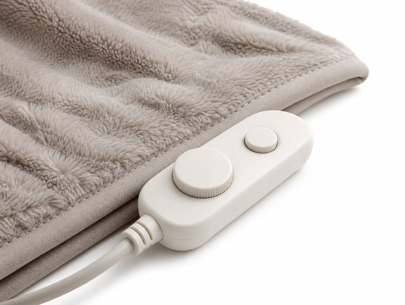 Close-up of the inline controller with its rotary dial, the moulded strain-relief boot and the bound edge beside the faux-fur face