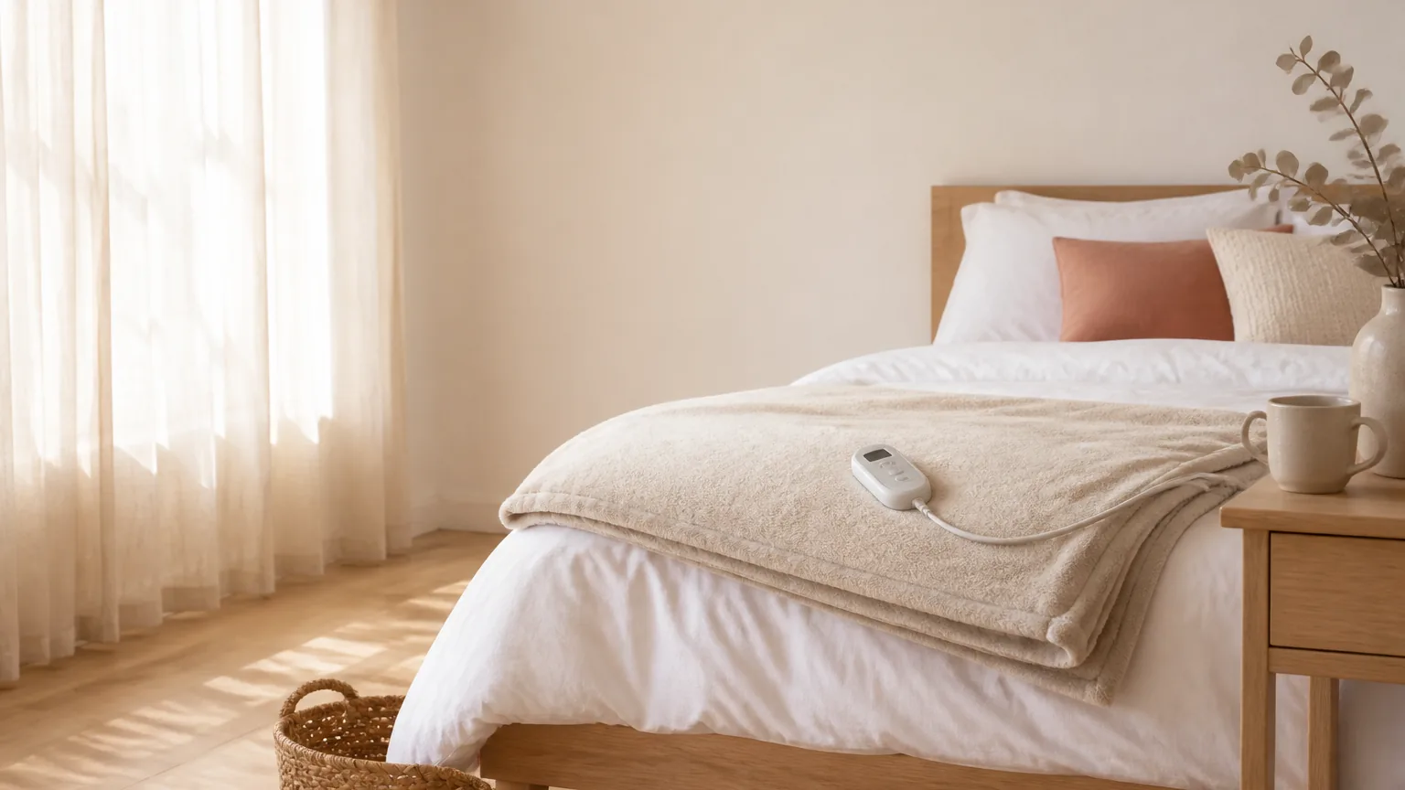 Sunlit bedroom with a heated blanket folded across the bed