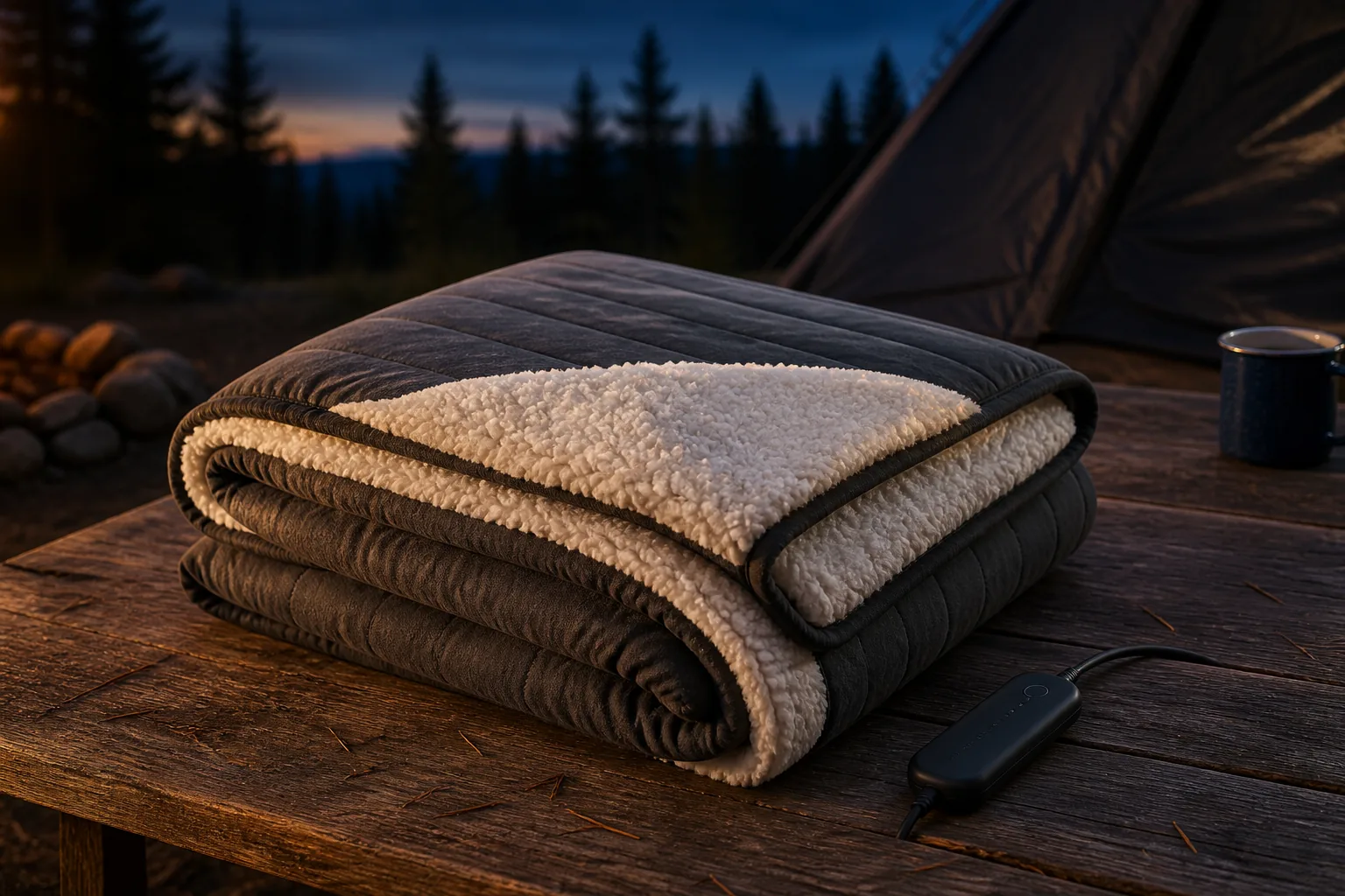 Folded sherpa-lined electric heated camping blanket with controller on a campsite table at dusk
