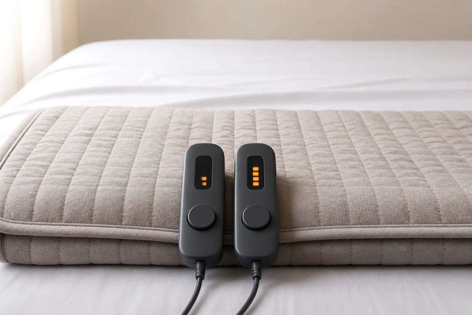 Two detachable controllers for a quilted dual-zone electric heated blanket on a made bed