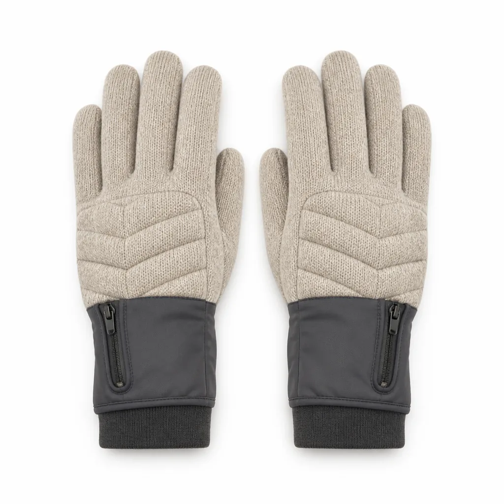 Navy and oatmeal 7.4V heated gloves with a zipped wrist battery pocket