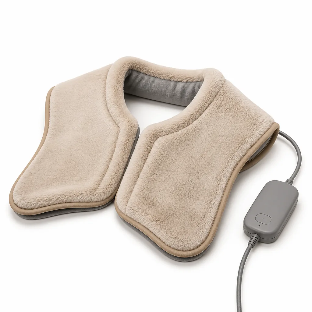 Contoured heated neck and shoulder wrap with plush cover