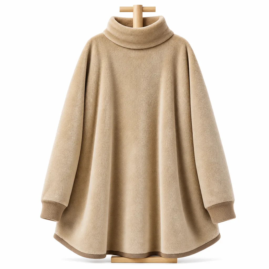 Wearable heated poncho with long sleeves on a hanger