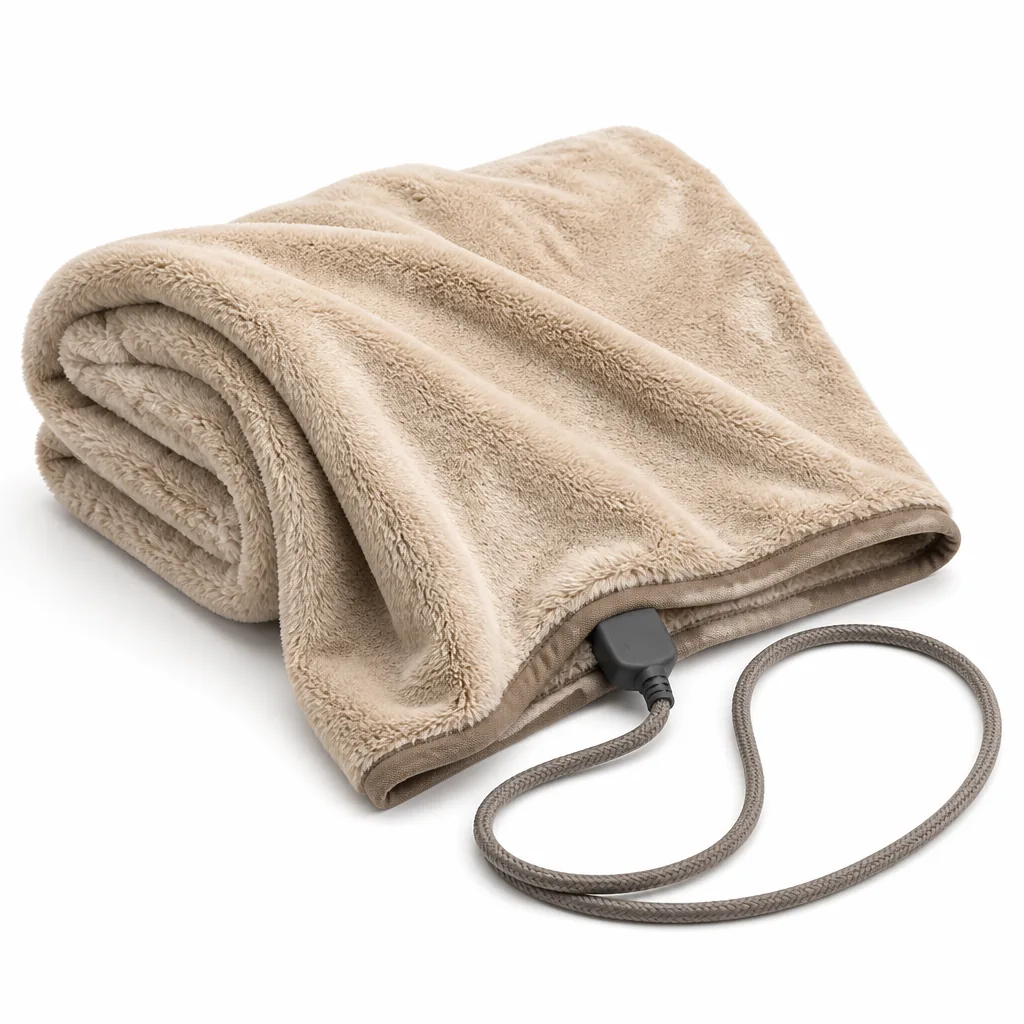 Folded heated throw with its braided cord and locking connector