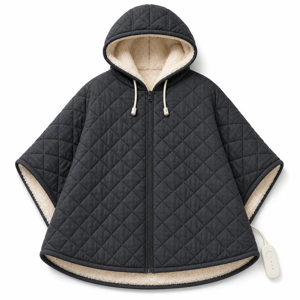Hooded Heated Poncho with Quilted Shell and Drawcord Hood