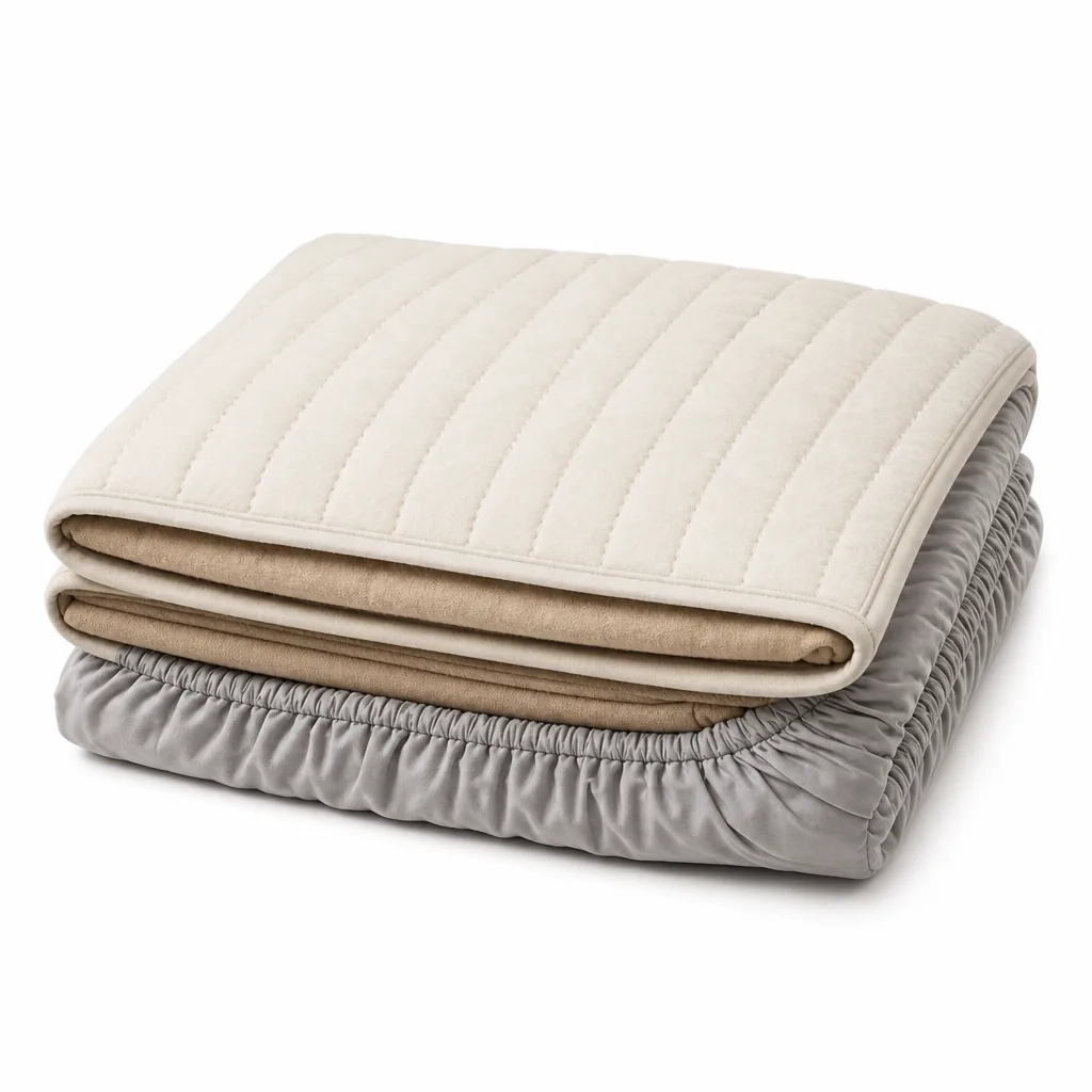 Folded quilted heated mattress pad with elasticated fitted skirt