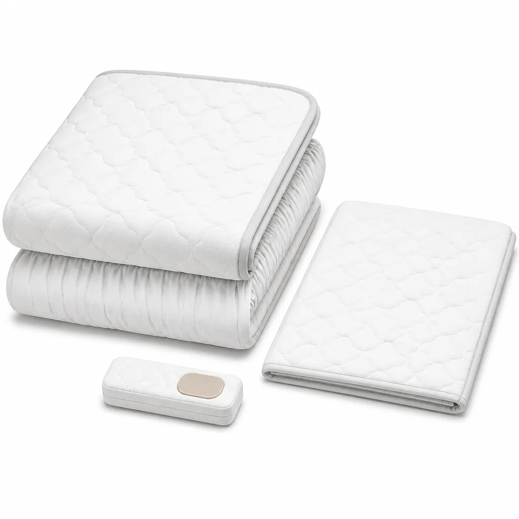 Heated mattress pad folded with its removable quilted top layer
