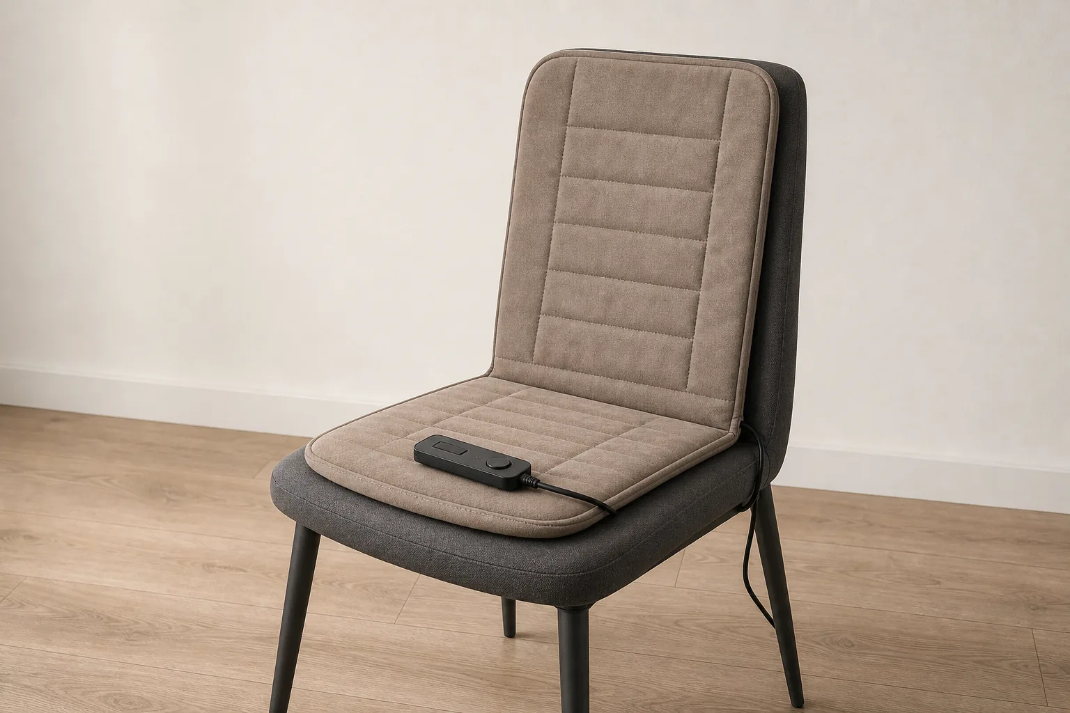 Two-part heated seat and back cushion fitted to a chair with its controller on the seat