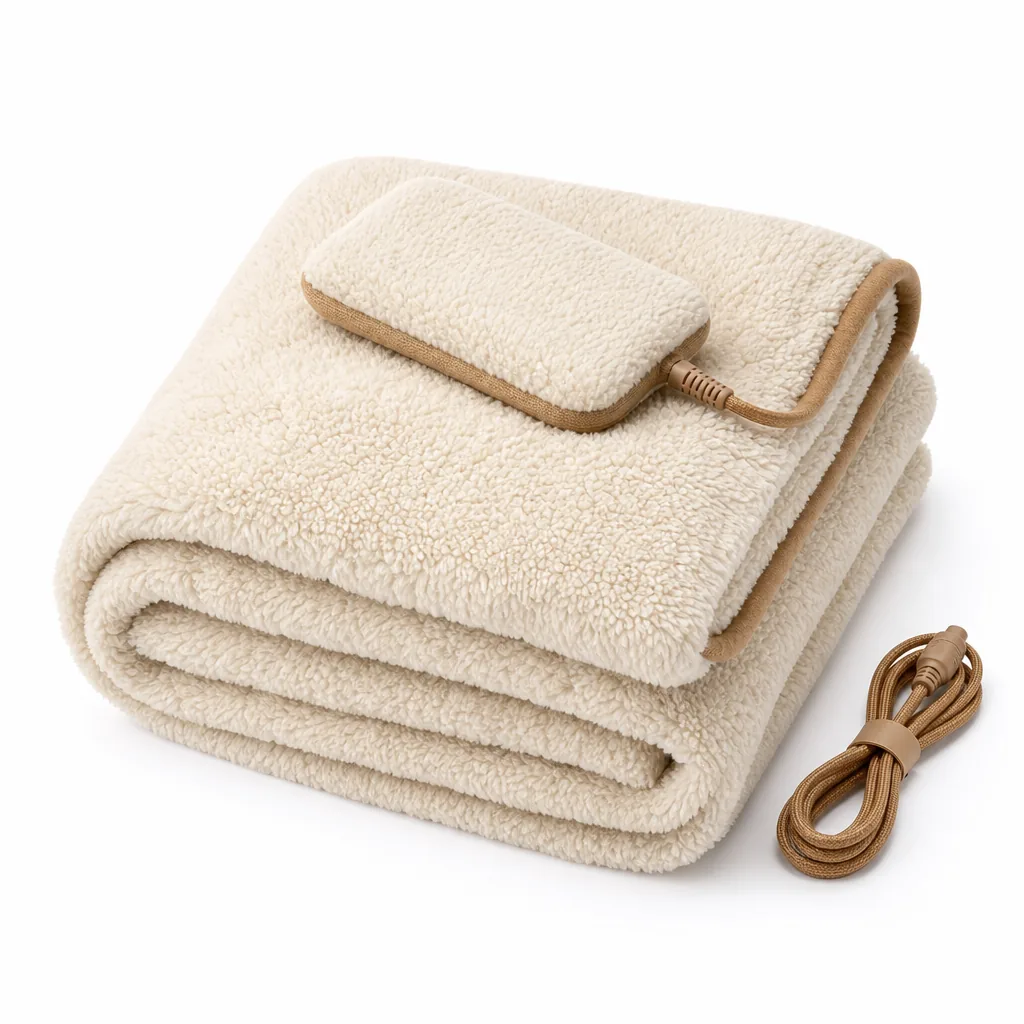 Sherpa heated throw folded into a plump stack with its battery pack