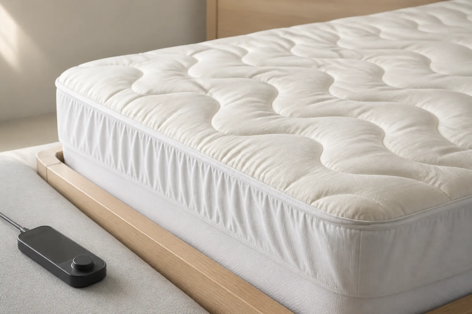 Wave-quilted fitted electric heated mattress pad over a mattress corner with its elastic skirt and controller