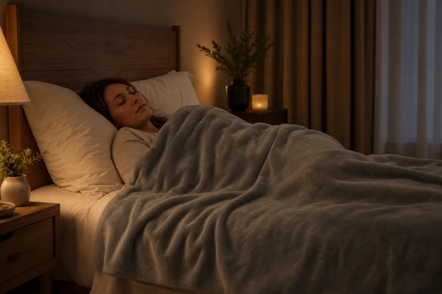 Person sleeping under a soft electric heated blanket in a cozy bedroom