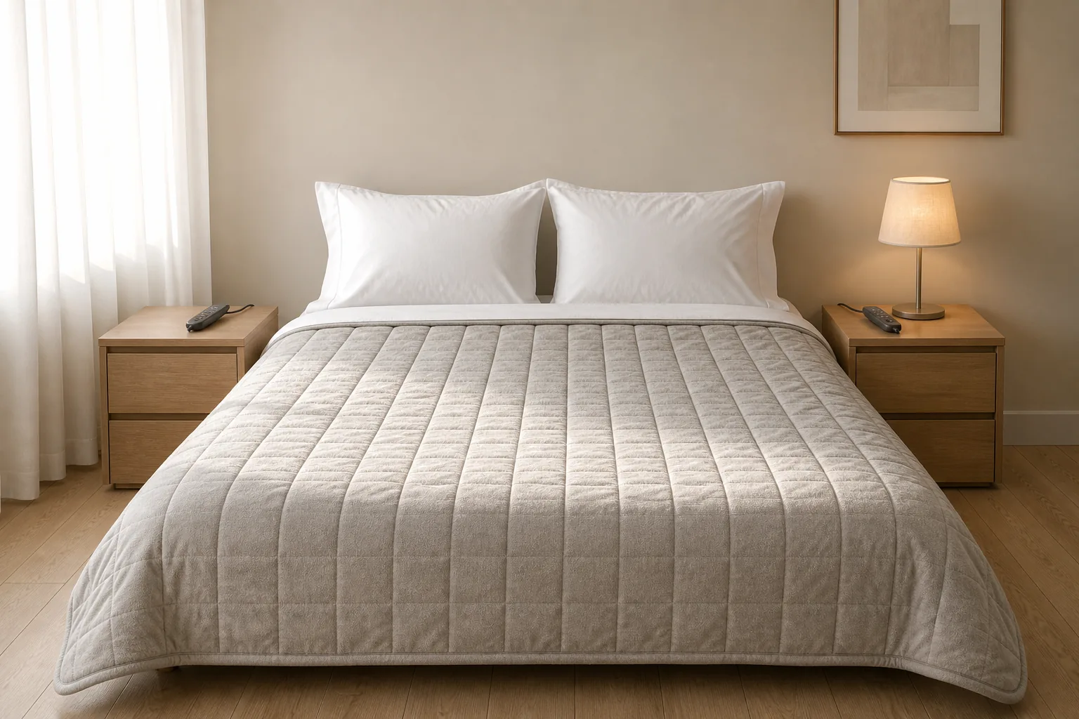 Quilted dual-zone heated blanket on a styled guest-room bed with a controller on each nightstand