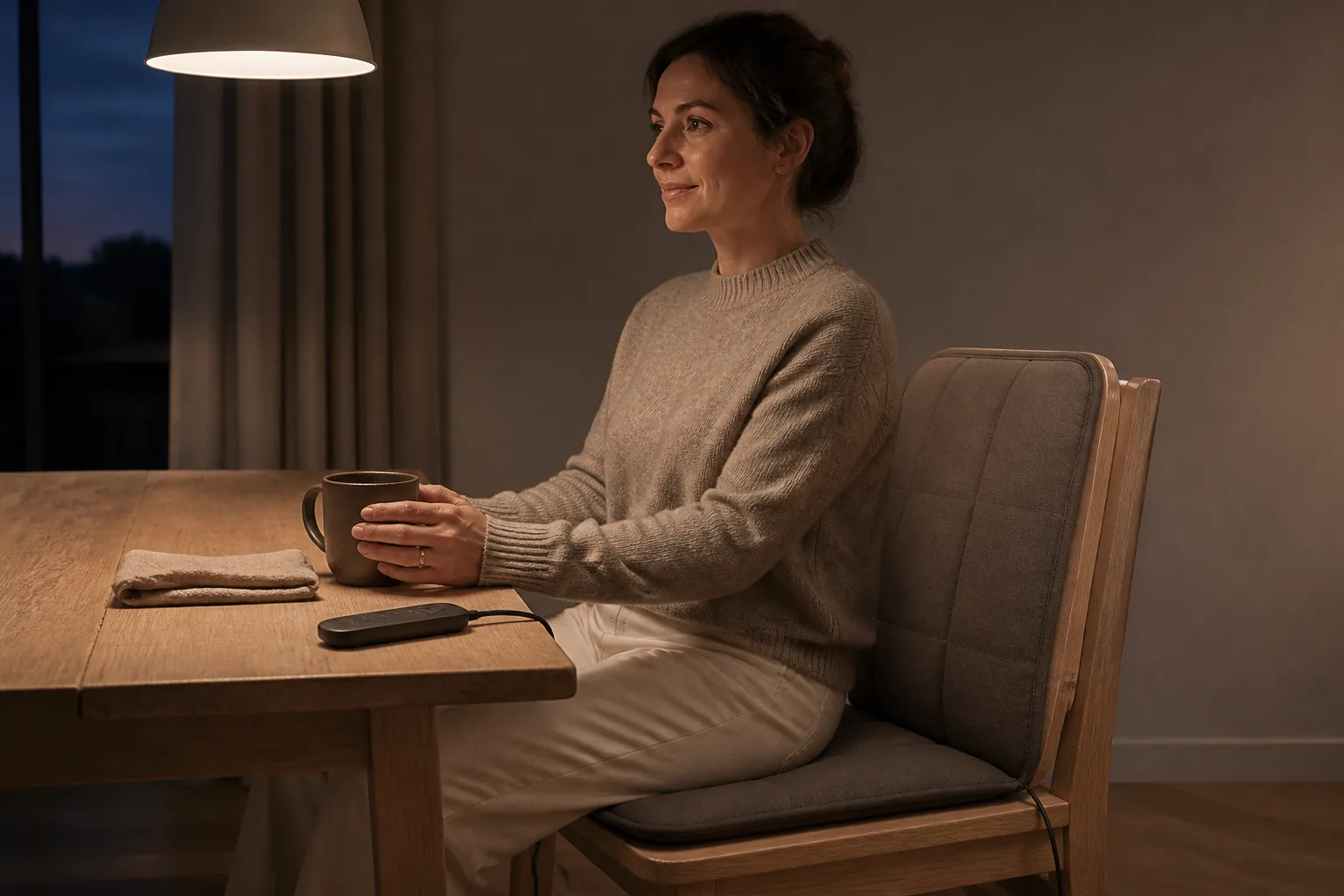 Person seated at a dining table with a heated seat and back cushion on their chair