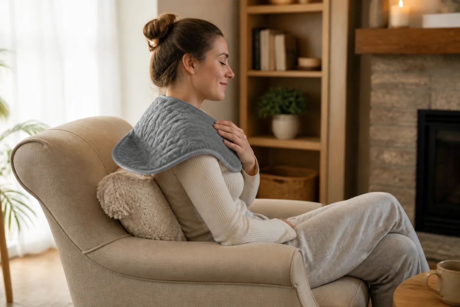 Person applying an electric heating pad over their shoulder at home