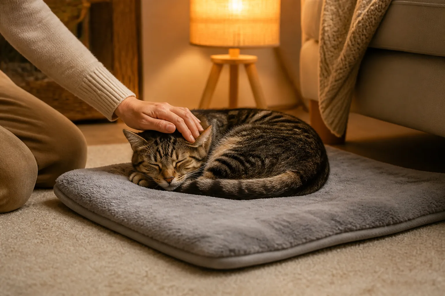 Cat resting on a pet heated blanket while being gently petted