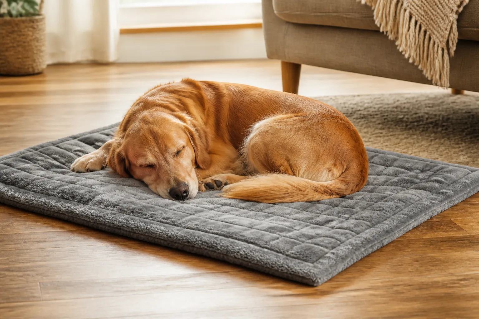 Dog sleeping curled up on a soft pet heated blanket