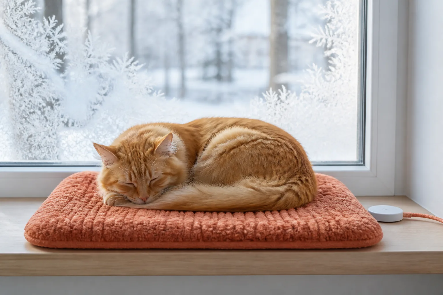 Cat sleeping on a plush pet heating pad by a frosty winter window