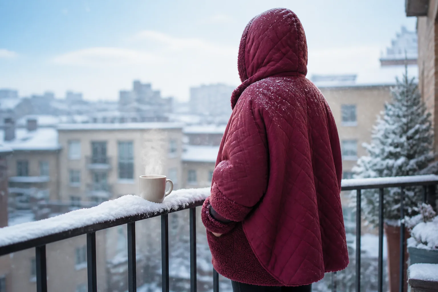 Person in a hooded burgundy heated poncho on a snowy balcony morning