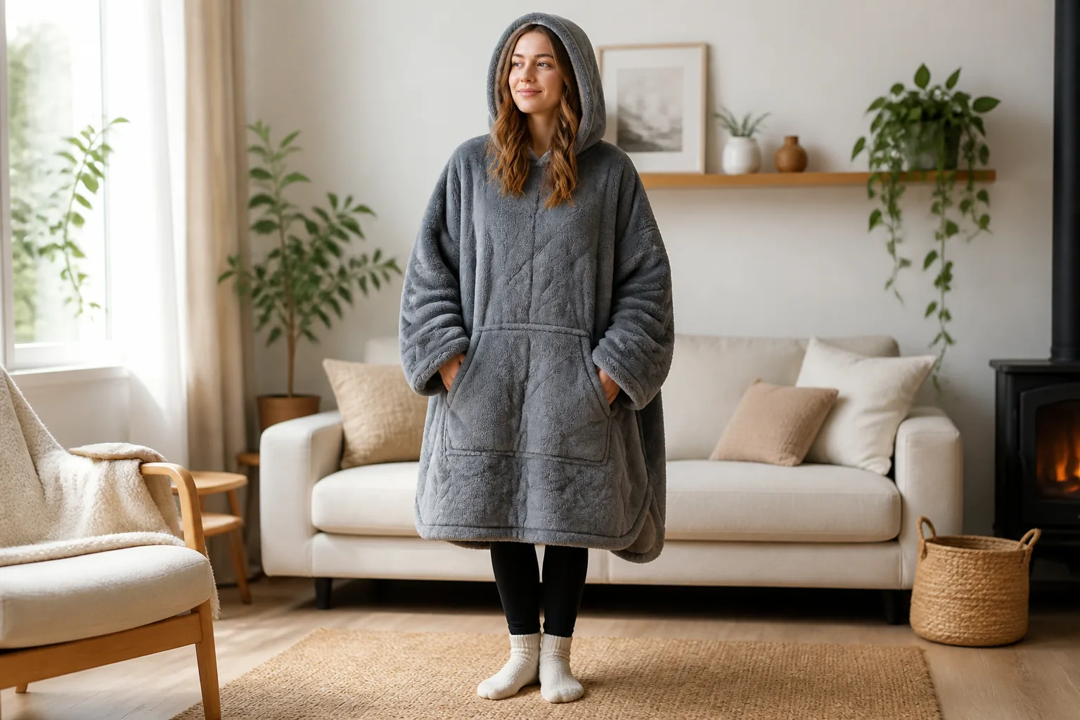 Person wearing a fleece heated poncho at home