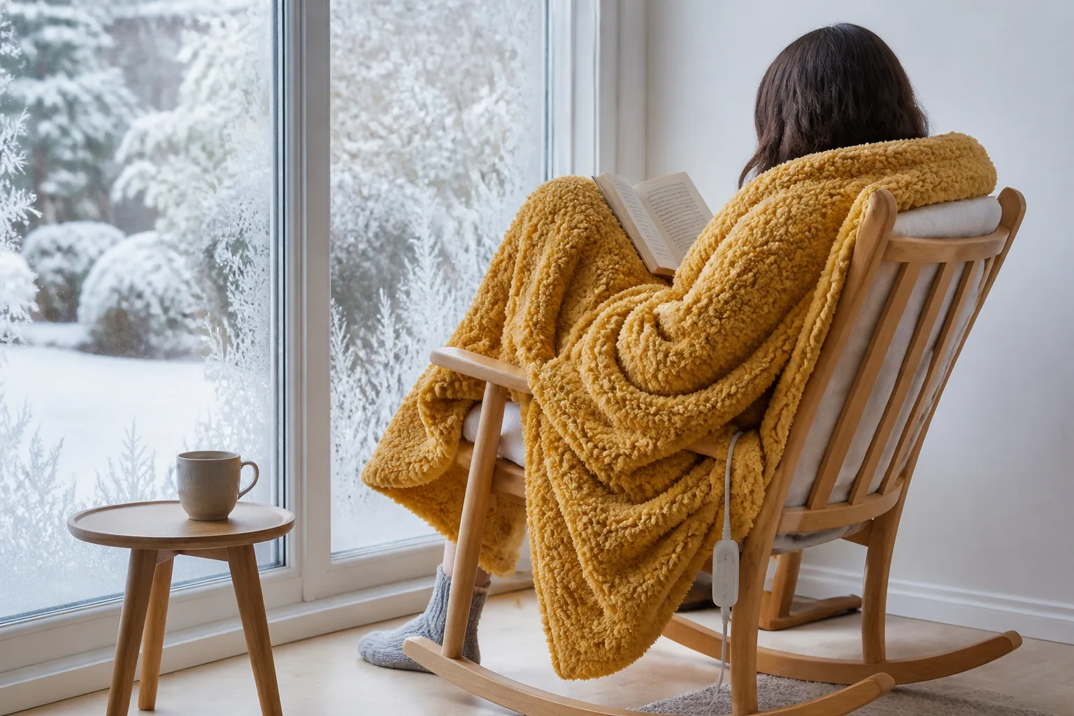 Person wrapped in an oversized mustard sherpa heated throw by a snowy window