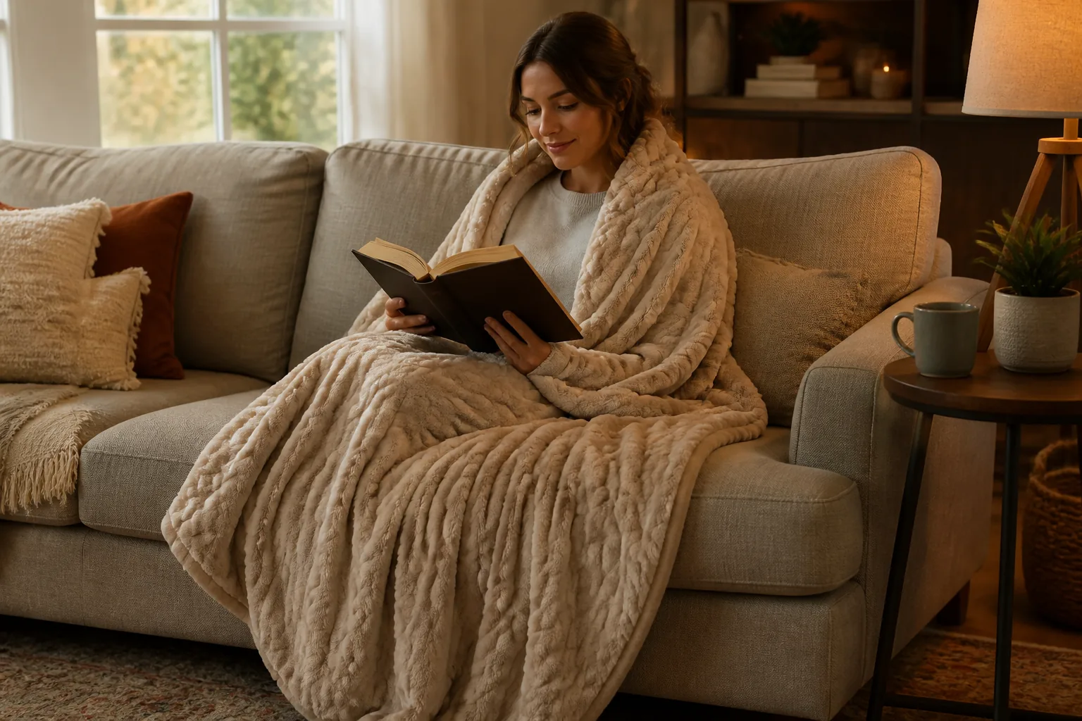 Person reading on a couch wrapped in a soft heated throw blanket