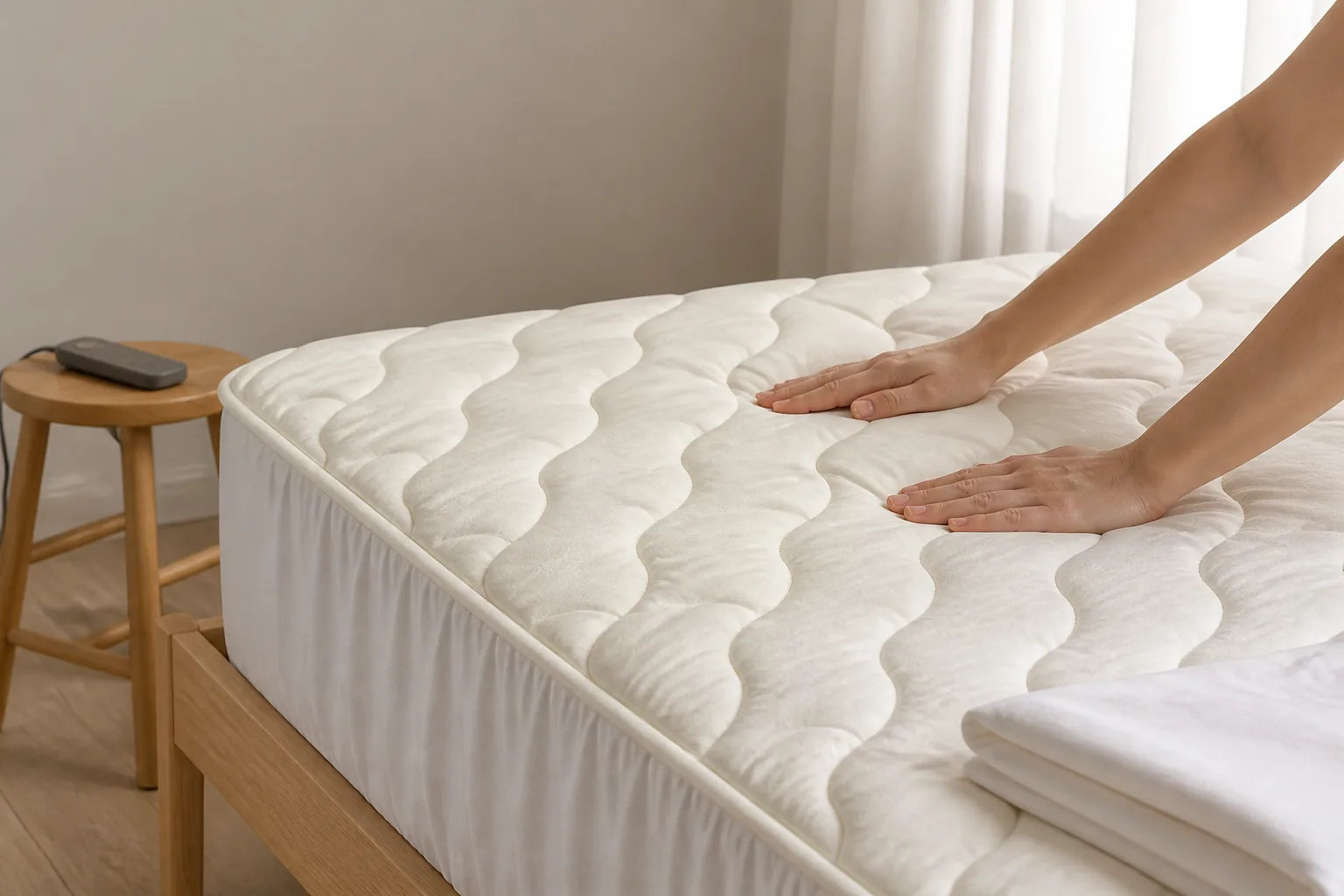 Hands smoothing a wave-quilted heated mattress pad onto a bed
