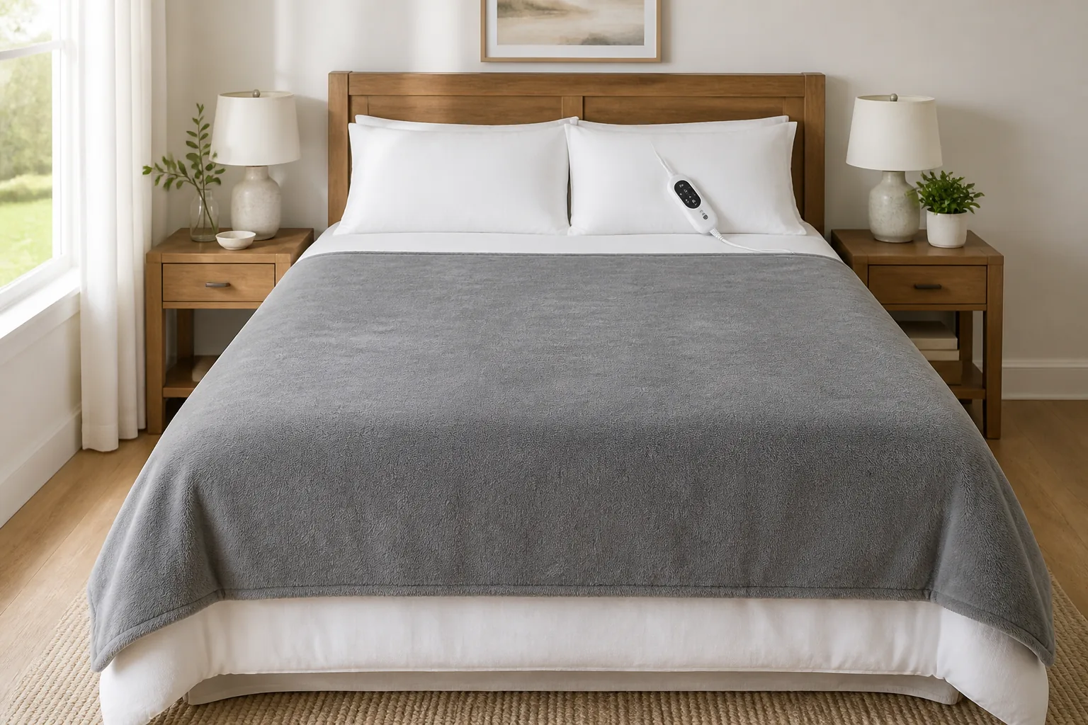 Electric heated blanket neatly laid on a white bed in a bright bedroom