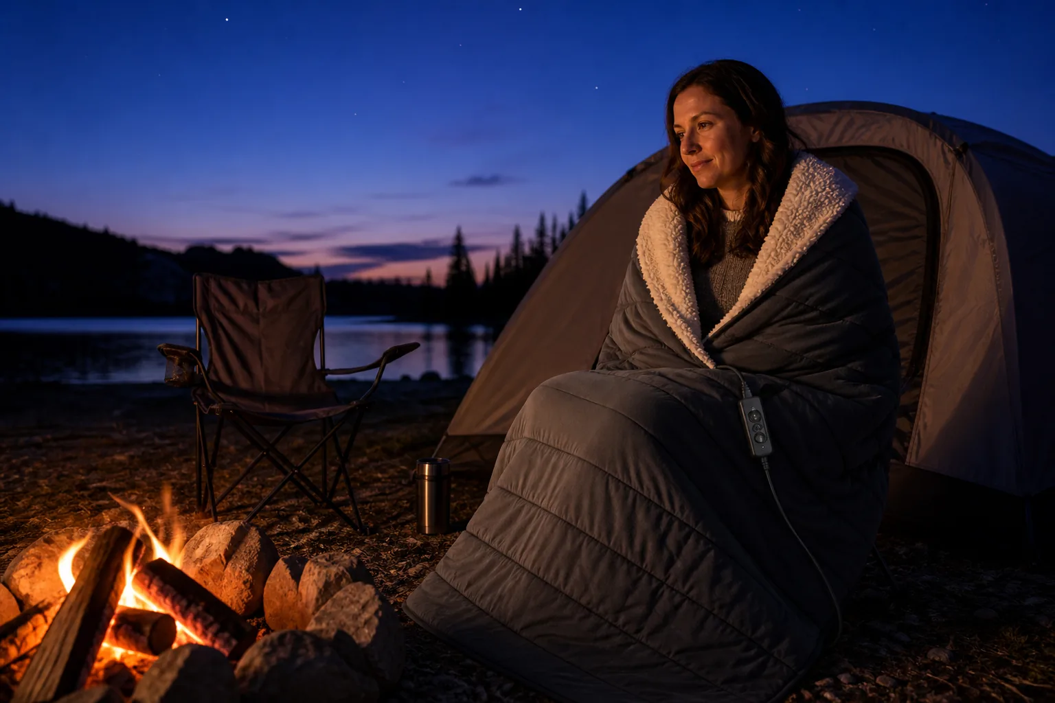 Camper wrapped in a sherpa-lined heated camping blanket beside a campfire at dusk