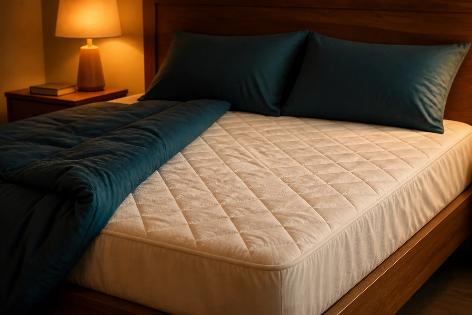 Fitted electric heated mattress pad in a warm evening bedroom