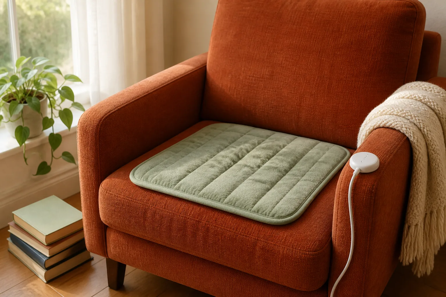 Sage-green electric heating pad on a cozy armchair