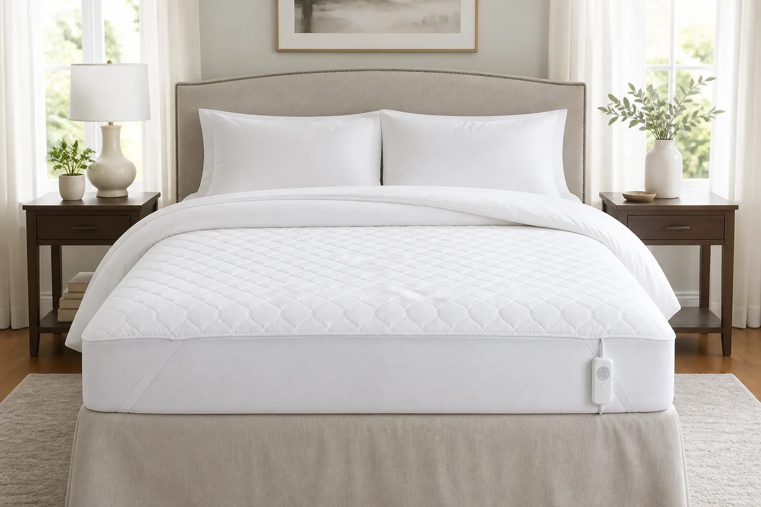 Fitted heated mattress pad on a neatly made bed