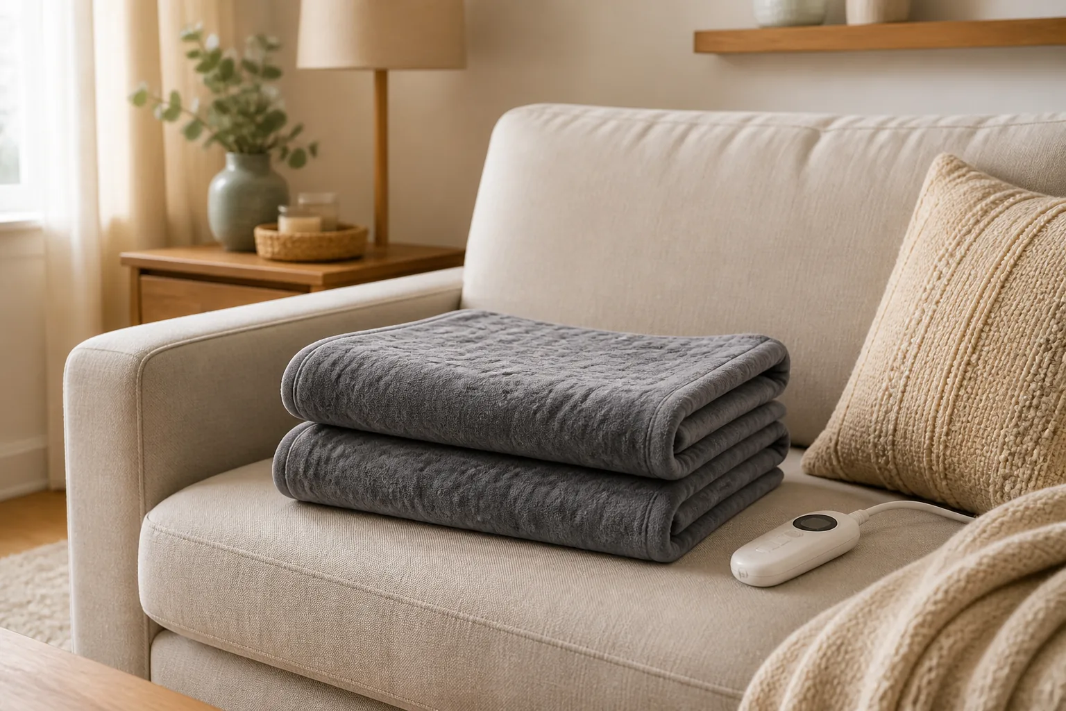 Folded electric heating pads with controller on a living room sofa