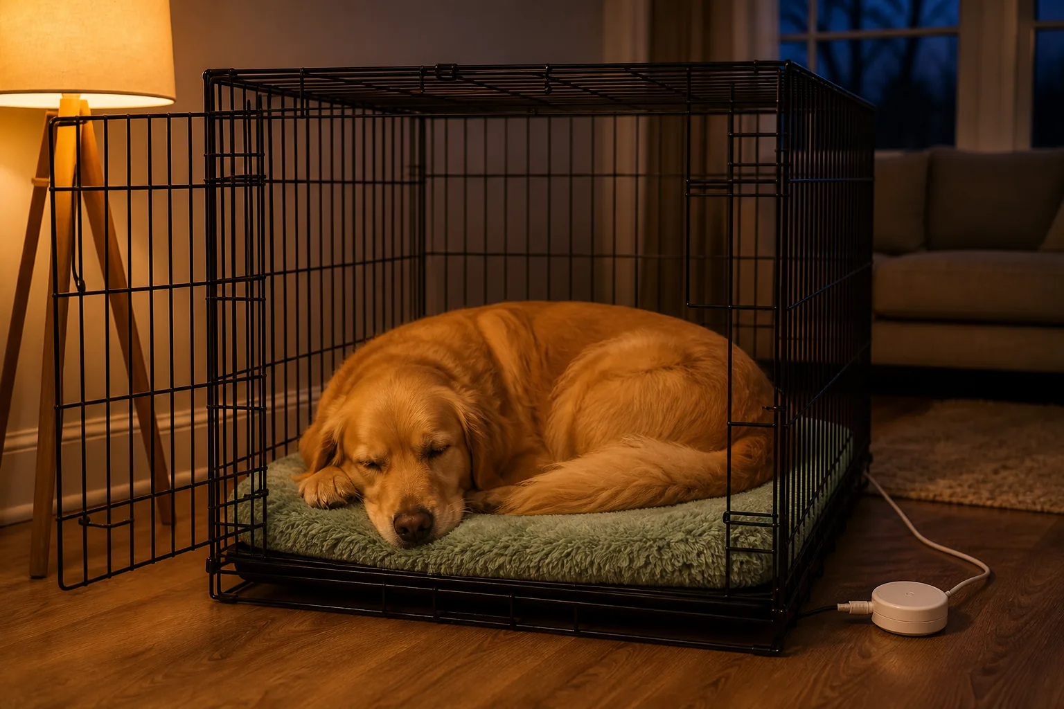 Dog sleeping on a pet heating pad in a crate at night