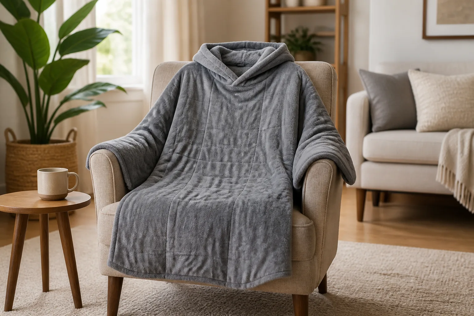 Wearable heated poncho draped over an armchair in a bright living room