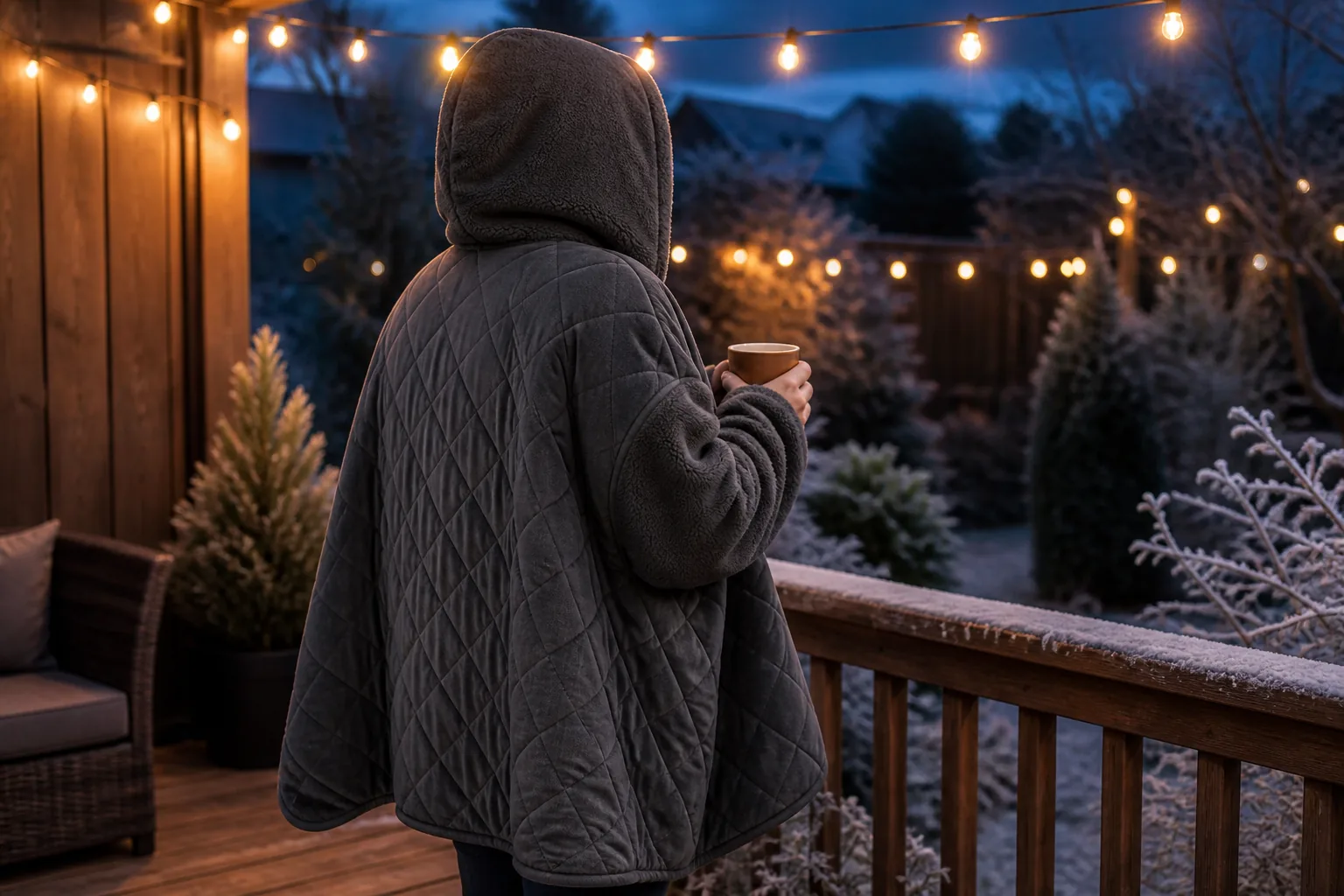 Person wearing a hooded heated poncho on a winter patio