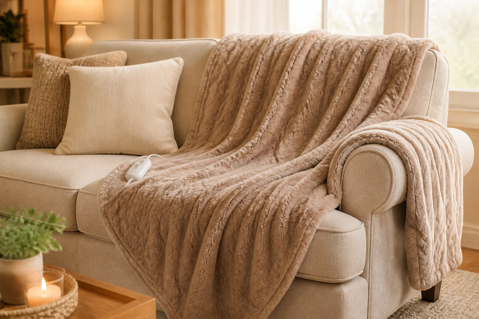 Plush heated throw draped over a fabric sofa in a warm living room