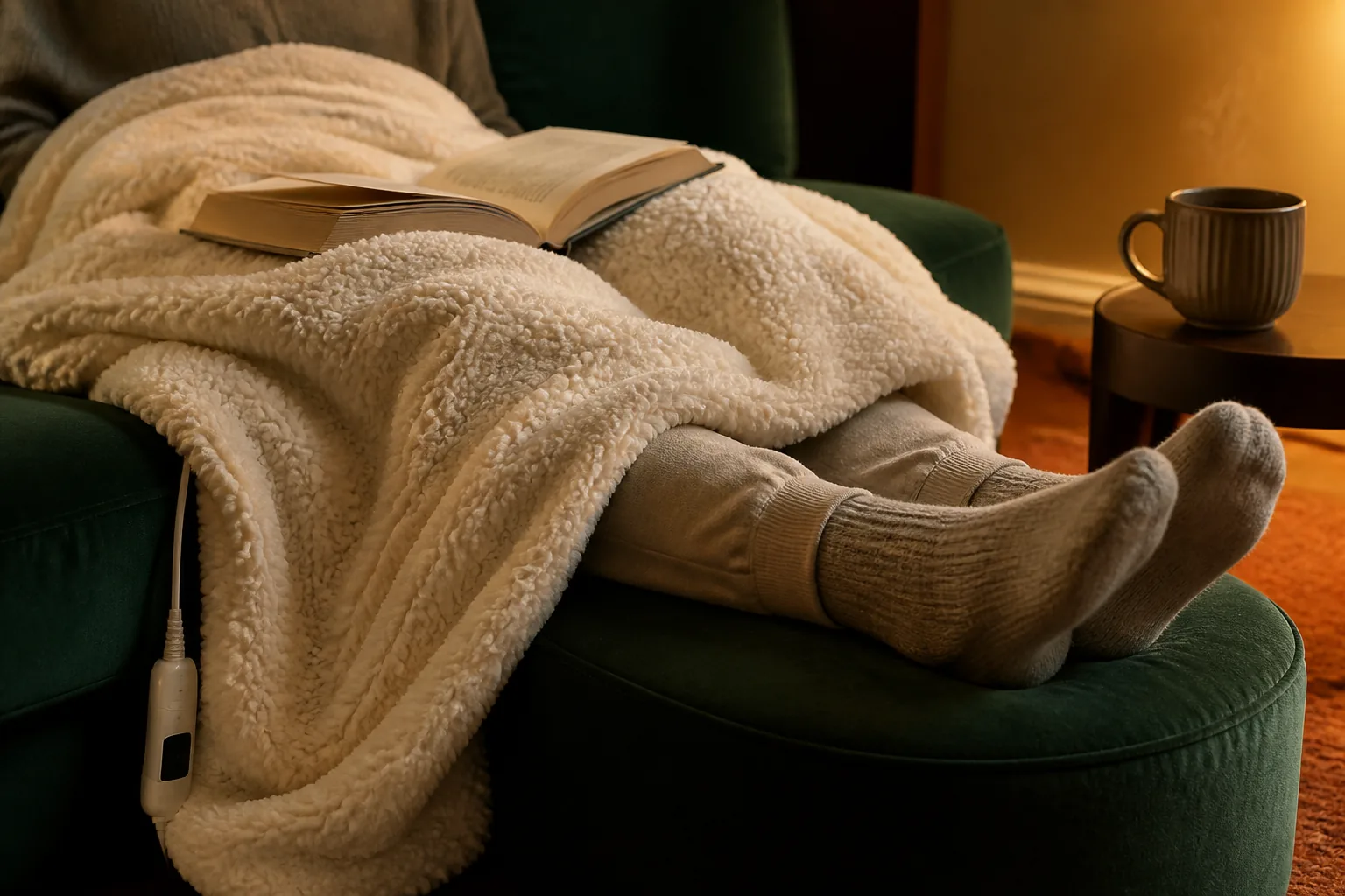 Oversized sherpa heated throw draped over a lap in a warm living room
