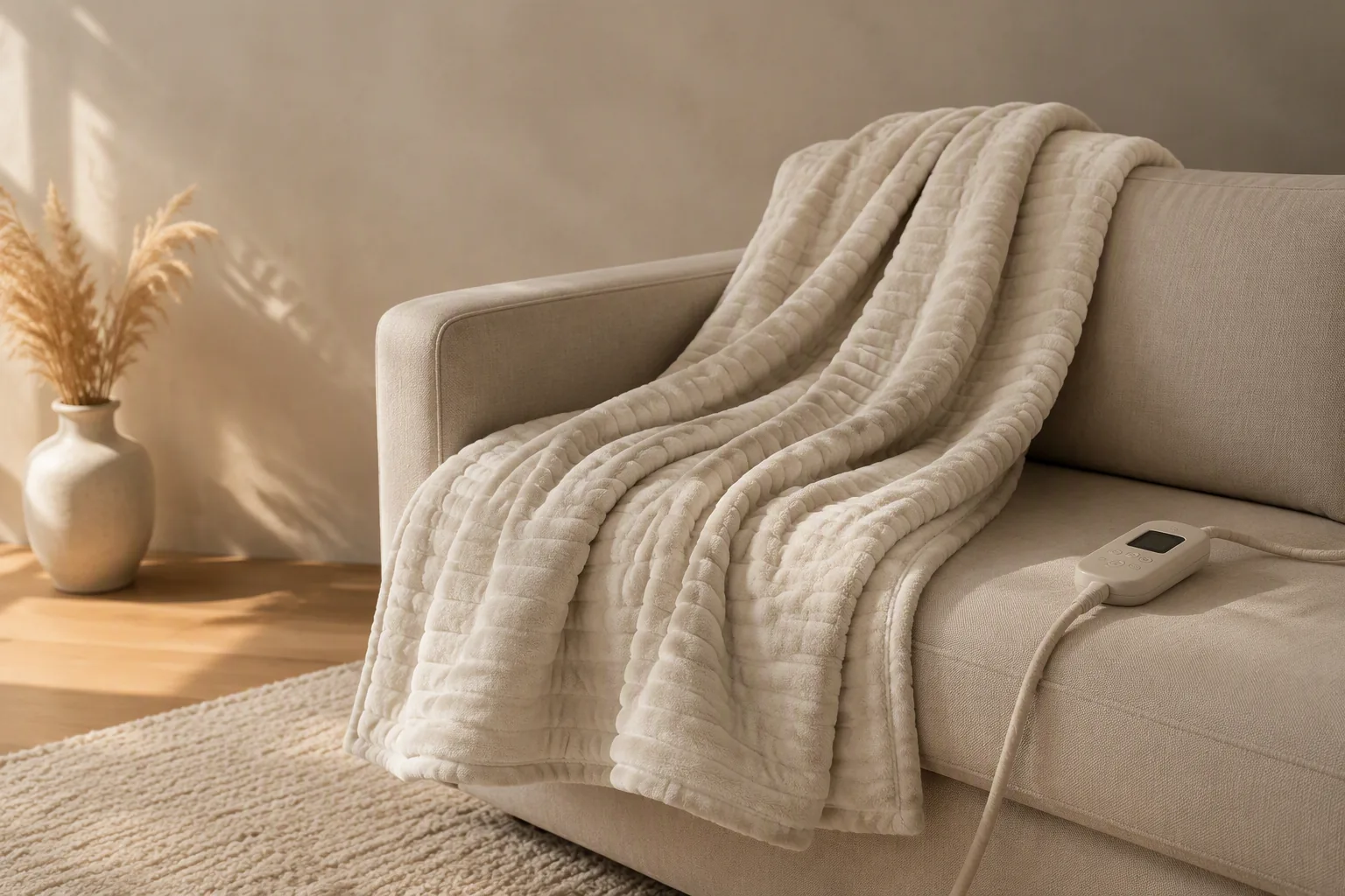 Cream quilted heated throw on a sofa with its controller resting on the cushion