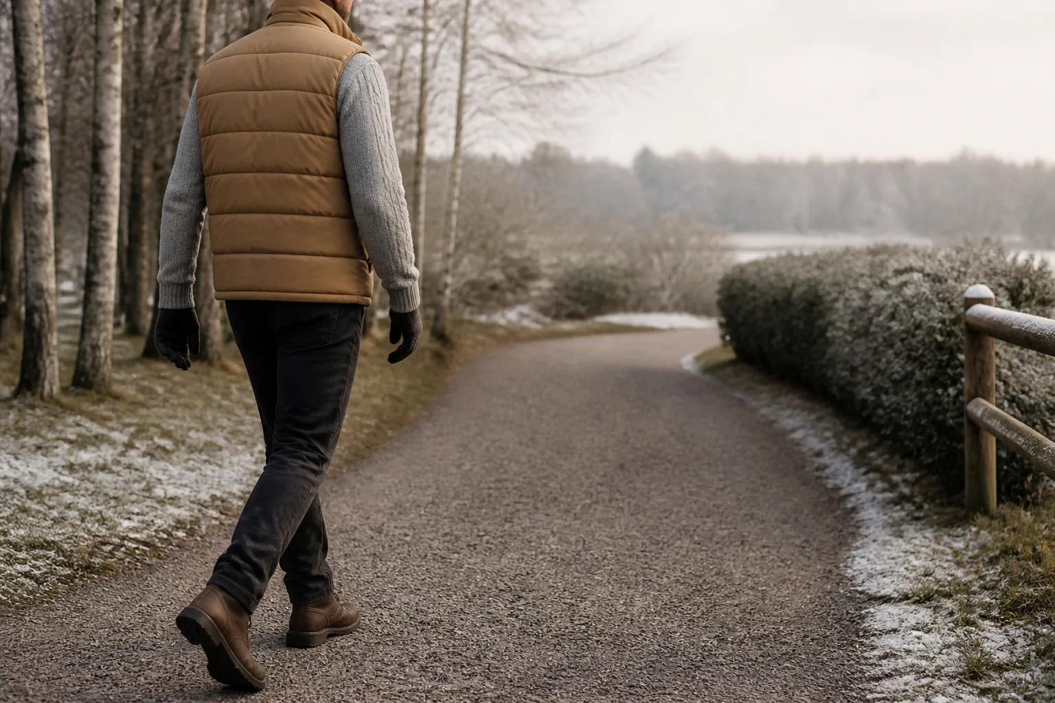 Person wearing a heated vest walking on a winter path