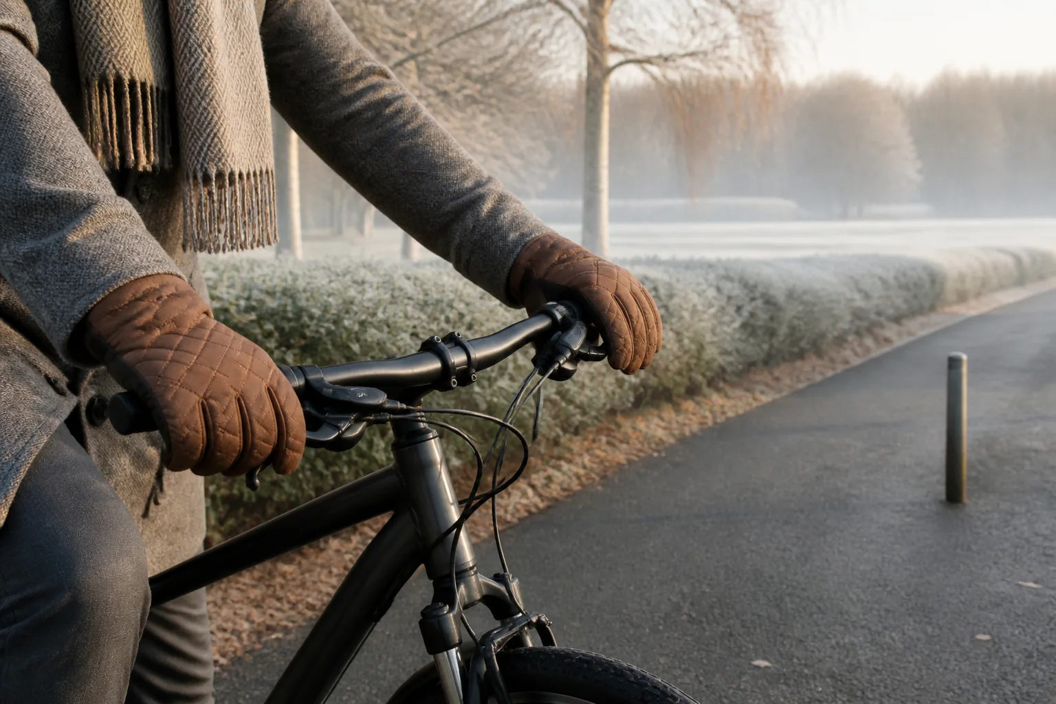 Gloved hands gripping bicycle handlebars on a frosty morning path