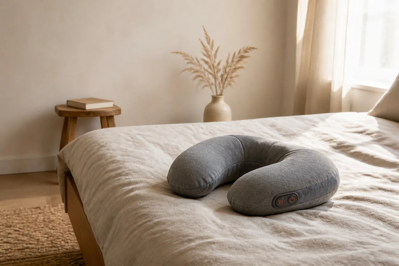 Heated neck pillow resting on a made bed in a warm bedroom