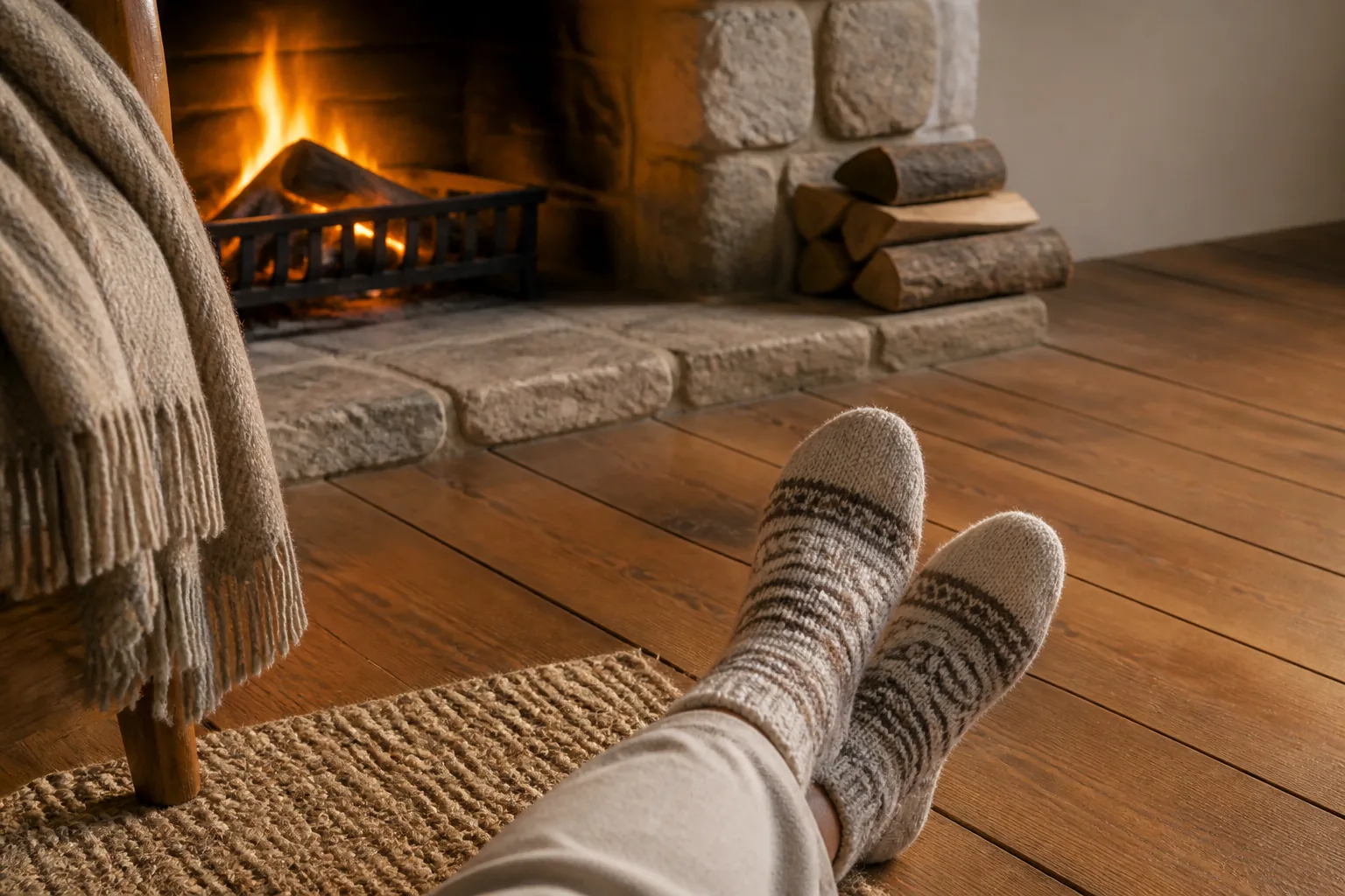 Feet wearing heated socks on a wooden floor beside a fireplace